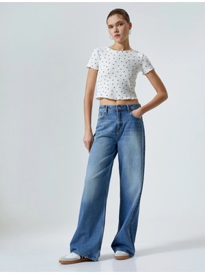 Koton Kısa Kollu Crop Tişört Bisiklet Yaka Baskılı Dokulu Pamuklu