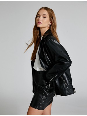 Koton Deri Görünümlü Etek Mini Fermuarlı Normal Bel Kuşgözü Detaylı