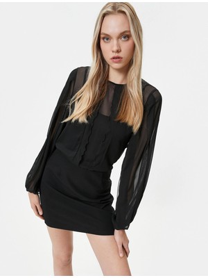 Koton Mini Elbise Uzun Kollu Üstü Şifon Bisiklet Yaka