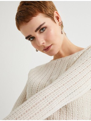 Koton Ajurlu Crop Tişört Uzun Kollu Bisiklet Yaka Arkası Bağlama Detaylı