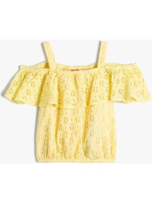 Koton Crop Bluz Fistolu Askılı Volanlı Pamuklu