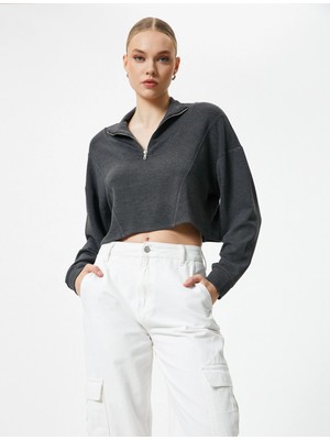 Koton Yarım Fermuarlı Sweatshirt Crop Uzun Kollu