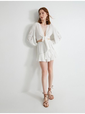 Koton Mini Etek Viskon Beli Lastikli Volanlı