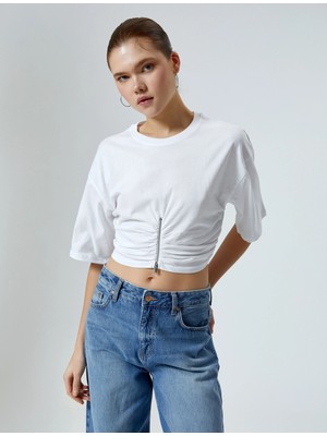 Koton Crop Drapeli Tişört Fermuar Detaylı Kısa Kollu Bisiklet Yaka Pamuklu