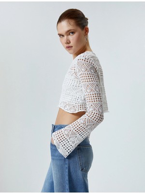 Koton Ajurlu Crop Tişört Uzun Kollu Yuvarlak Yaka