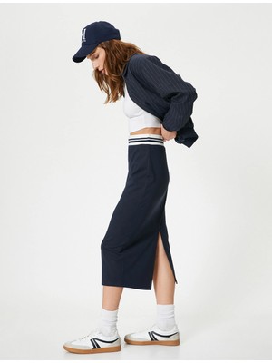 Koton Midi Kalem Etek Beli Lastikli Renk Kontrastlı Yırtmaçlı Slim Fit