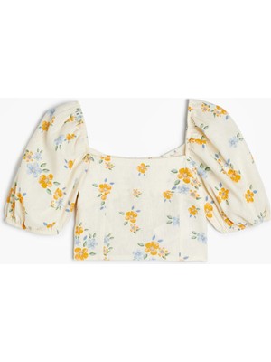 Koton Keten Crop Bluz Çiçekli Kare Yaka Gipe Detaylı