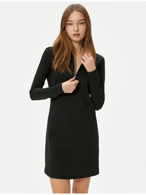 Koton Mini Polo Yaka Elbise Yarım Fermuar Detaylı Uzun Kollu