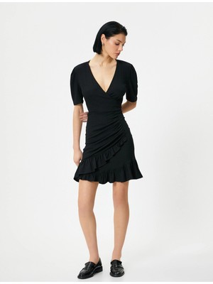 Koton Mini Elbise V Yaka Anvelop Fırfırlı Balon Kol