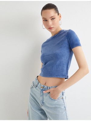 Koton Crop Tişört Soluk Efektli Kısa Kollu Bisiklet Yaka Slim Fit Pamuklu