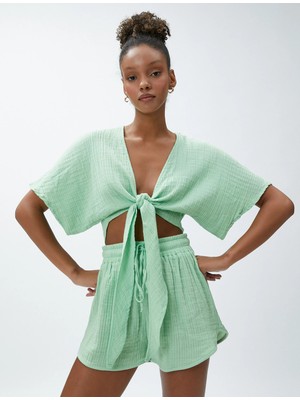 Koton Crop Yoga Tişört Müslin Kimono Görünümlü Bağlama Detaylı