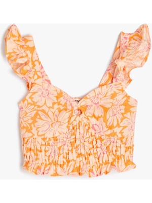 Koton Keten Crop Bluz Kolsuz Çiçekli Gipe Detaylı