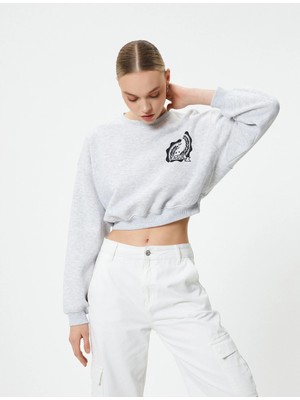 Koton Crop Sweatshirt Bisiklet Yaka Baskılı