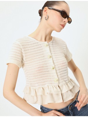 Koton Fırfırlı Kroşe Hırka Kısa Kollu Yuvarlak Yaka Gold Düğmeli