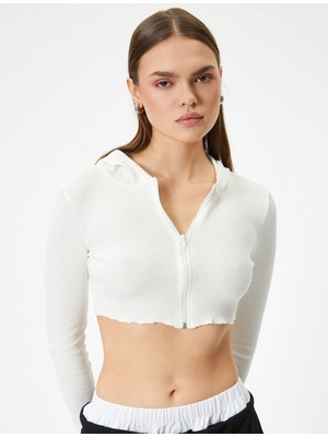 Koton Crop Kapüşonlu Fermuarlı Hırka Uzun Kollu Slim Fit