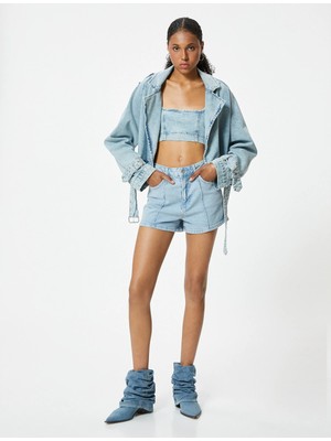 Koton Mini Kot Şort Nervürlü Düğmeli Relax Fit Normal Bel