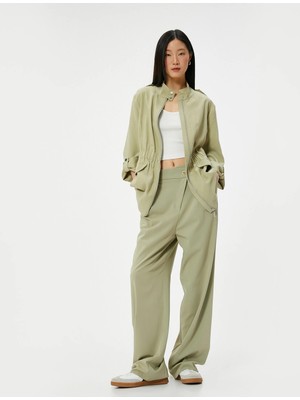 Koton Fermuarlı Trençkot Beli Lastikli Kapaklı Cepli Dik Yaka