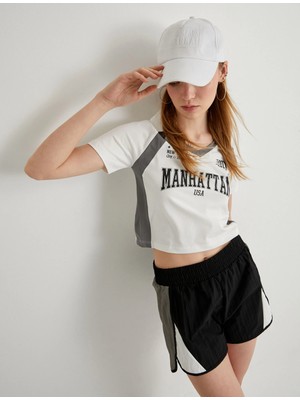 Koton Crop Polo Tişört V Yaka Kısa Kollu Slim Fit