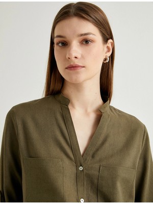 Koton Hakim Yaka Gömlek Uzun Kollu Düğmeli Viskon Keten Standart Kesim