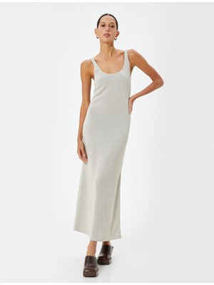 Koton Maksi Kalem Elbise Kalın Askılı U Yaka Dokulu Viskon Kumaş Karışımlı