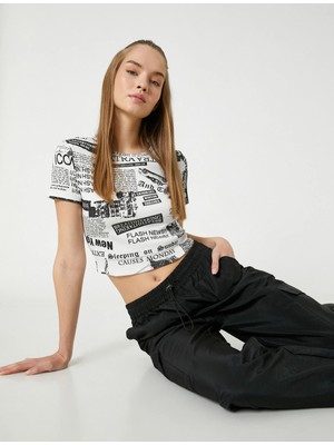 Koton Crop Tişört Baskılı Bisiklet Yaka Kısa Kollu Pamuklu