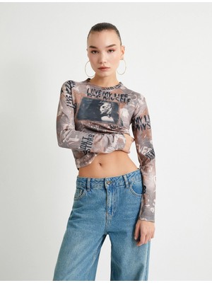 Koton Baskılı Uzun Kollu Tişört Bisiklet Yaka Slim Fit