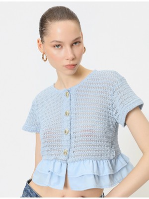 Koton Fırfırlı Kroşe Hırka Kısa Kollu Yuvarlak Yaka Gold Düğmeli