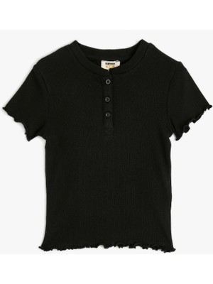 Koton T-Shirt Kısa Kollu Yuvarlak Yaka Düğme Detaylı Ribanalı Pamuklu
