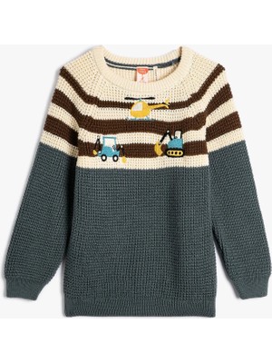 Koton Uzun Kollu Araçlar Temalı Kazak Erkek Çocuk İçin Yeşil Bisiklet Yaka