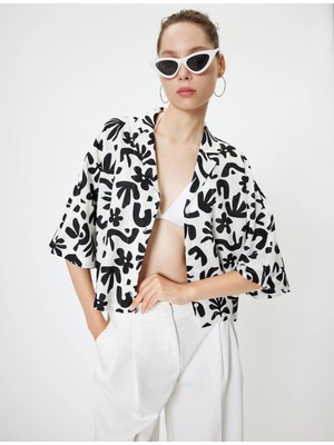 Koton Crop Gömlek Keten Karışımlı Kısa Kollu Etnik Detaylı Devrik Yaka Düğmeli