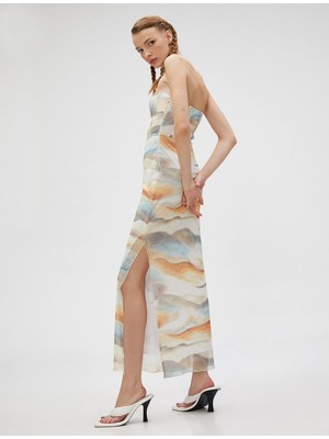 Koton Uzun Elbise Straplez Yırtmaçlı Batik Detaylı Korse Görünümlü