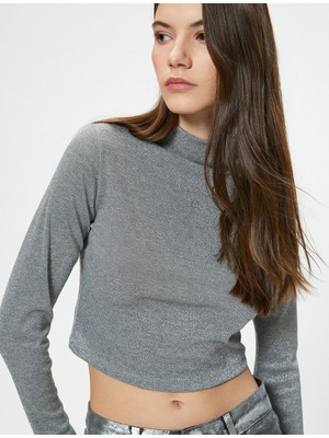 Koton Parıltılı Metalik Balıkçı Yaka Tişört Dar Kalıp Uzun Kollu