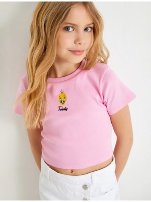 Koton Tweety Crop Tişört Lisanslı Kısa Kollu Bisiklet Yaka Pamuklu