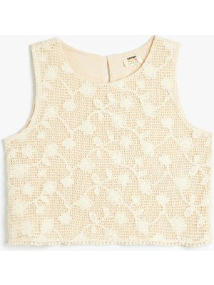 Koton Dantelli Crop Bluz Askılı Yuvarlak Yaka Astarlı