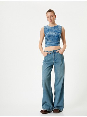 Koton Denim Görünümlü Üst Crop Büzgülü Bisiklet Yaka