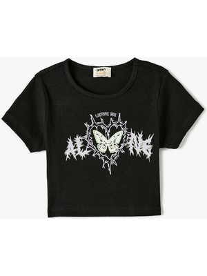 Koton Crop Tişört Baskılı Ribanalı Kısa Kollu Bisiklet Yaka