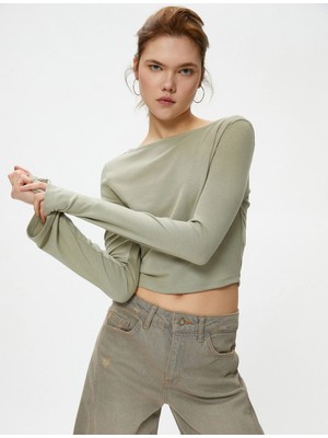 Koton Crop Tişört Kayık Yaka Uzun Kollu