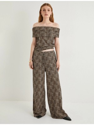 Koton Leopar Desenli Pantolon Wide Leg Beli Bağcıklı Relax Fit