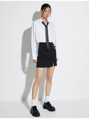 Koton Crop Tişört Beli Lastikli Uzun Kollu Düğmeli Manşet Yaka Pamuklu