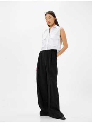 Koton Crop Gömlek Kolsuz Kargo Cepli Manşet Yaka Düğmeli