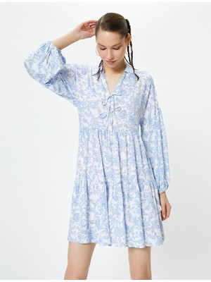 Koton Oversize Çiçekli Elbise Uzun Kollu Gömlek V Yaka Bağlama Detaylı Katlı