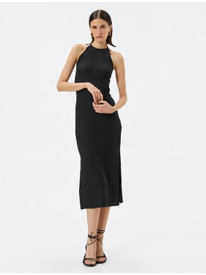 Koton Triko Elbise Midi Halter Yaka Yırtmaçlı