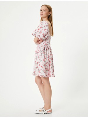 Koton Çiçekli Balon Kol Keten Elbise Mini Boy Kalp Yaka