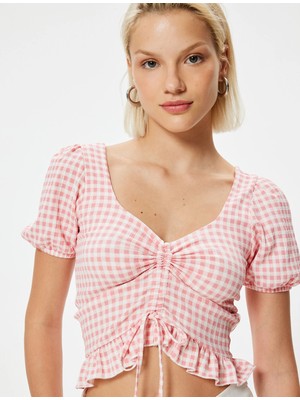 Koton Pötikare Peplum Tişört Crop Fiyonk Detaylı Fırfırlı Slim Fit