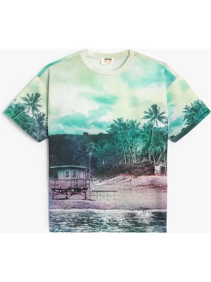 Koton Tişört Fotoğraf Baskılı Bisiklet Yaka Kısa Kollu