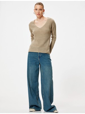 Koton V Yaka Triko Kazak Kalça Boy Uzun Kollu Fitilli