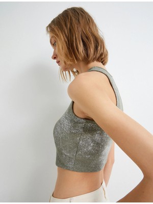 Koton Crop Atlet Halter Yaka Metalik Sim Baskılı Fitilli