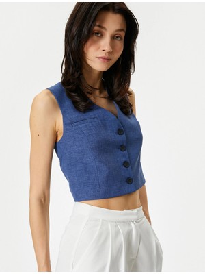 Koton Crop Yelek V Yaka Düğmeli Fleto Cepli