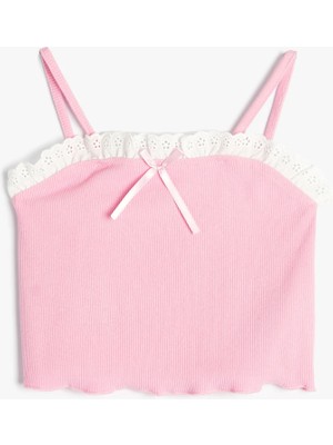 Koton Crop Atlet Kız Çocuklar İçin Fiyonk Detaylı Pamuklu Ribanalı Pembe Rahat Kesim