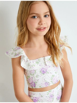 Koton Crop Bluz Fistolu Çiçek Desenli Fırfırlı
